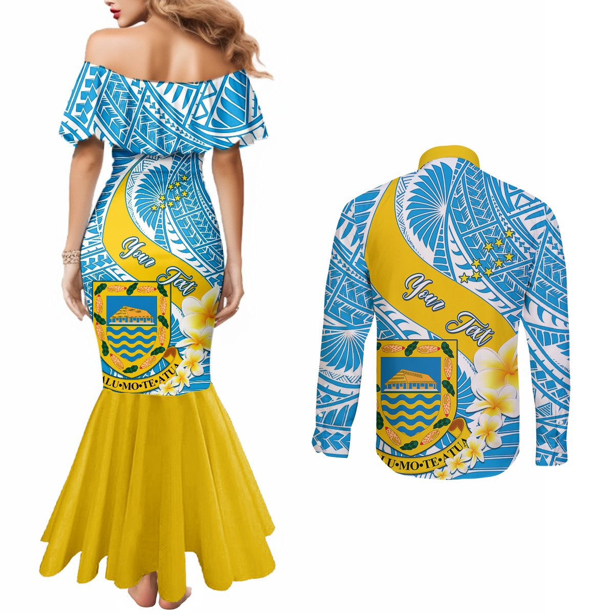 Personalised Tuvalu Independence Day Couples Matching Mermaid Dress and Long Sleeve Button Shirts Plumeria 45th Anniversary LT01 - Polynesian Pride