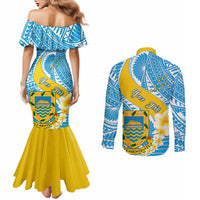 Personalised Tuvalu Independence Day Couples Matching Mermaid Dress and Long Sleeve Button Shirts Plumeria 45th Anniversary LT01 - Polynesian Pride