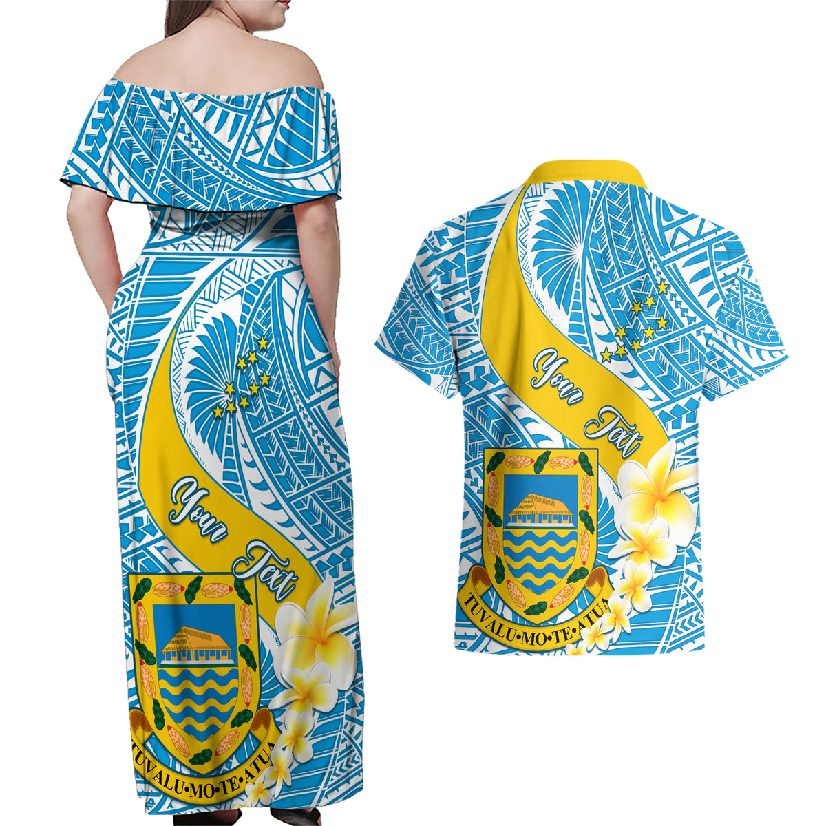 personalised-tuvalu-independence-day-couples-matching-off-shoulder-maxi-dress-and-hawaiian-shirt-plumeria-45th-anniversary