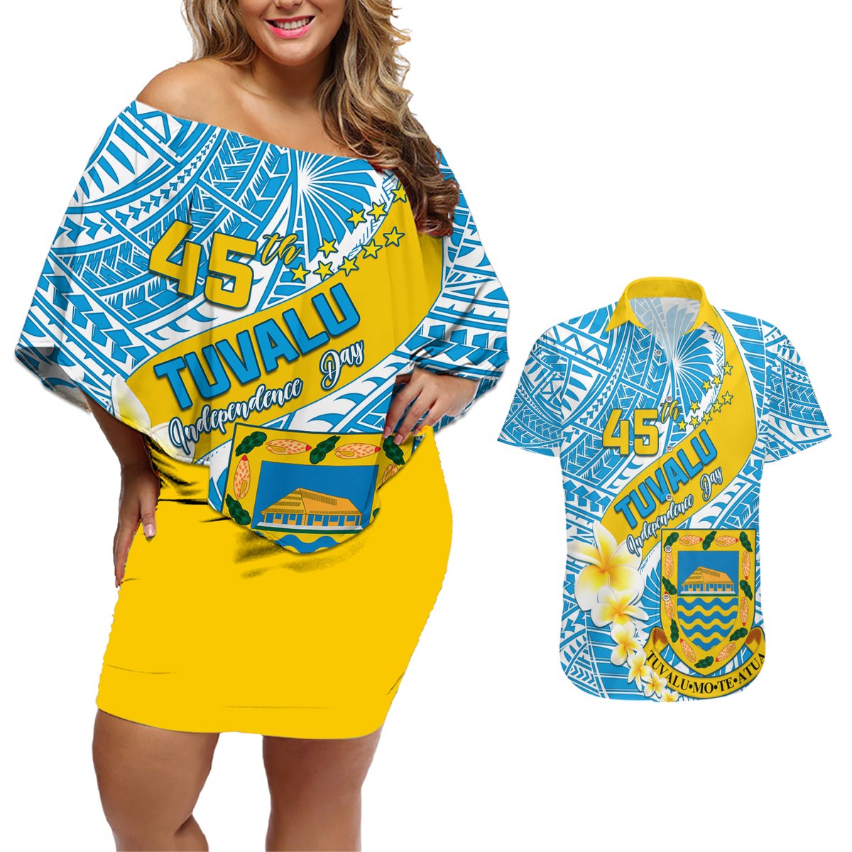 Personalised Tuvalu Independence Day Couples Matching Off Shoulder Short Dress and Hawaiian Shirt Plumeria 45th Anniversary LT01 Blue - Polynesian Pride
