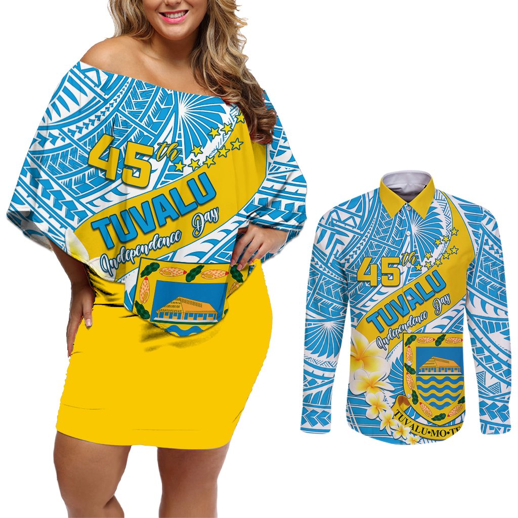 Personalised Tuvalu Independence Day Couples Matching Off Shoulder Short Dress and Long Sleeve Button Shirts Plumeria 45th Anniversary LT01 Blue - Polynesian Pride