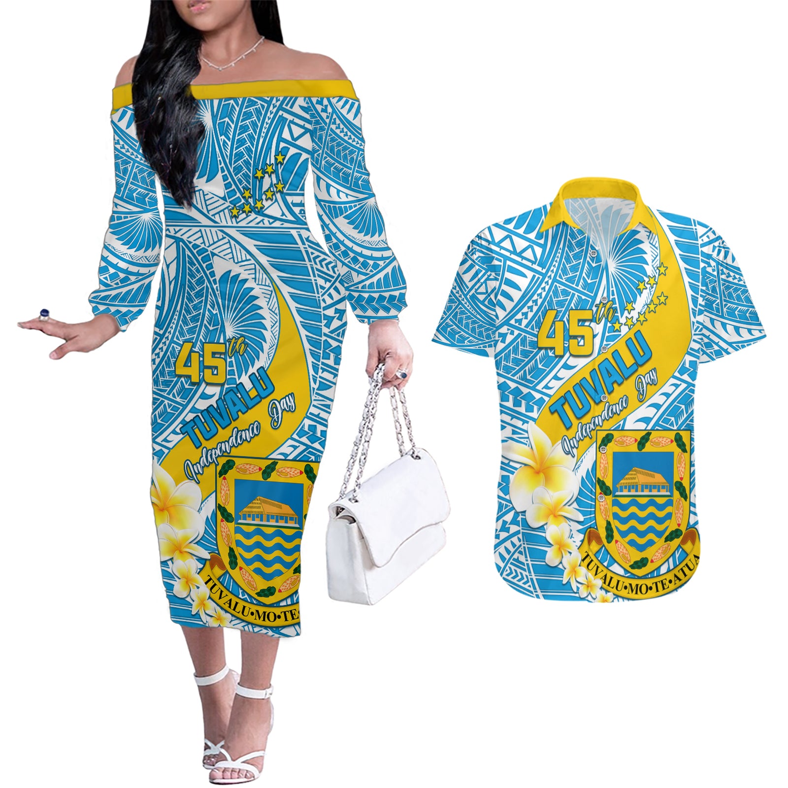 Personalised Tuvalu Independence Day Couples Matching Off The Shoulder Long Sleeve Dress and Hawaiian Shirt Plumeria 45th Anniversary LT01 Blue - Polynesian Pride