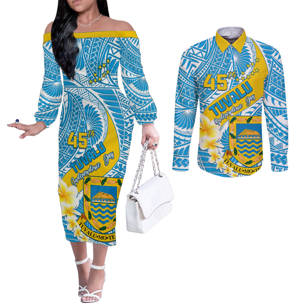 Personalised Tuvalu Independence Day Couples Matching Off The Shoulder Long Sleeve Dress and Long Sleeve Button Shirts Plumeria 45th Anniversary LT01 Blue - Polynesian Pride