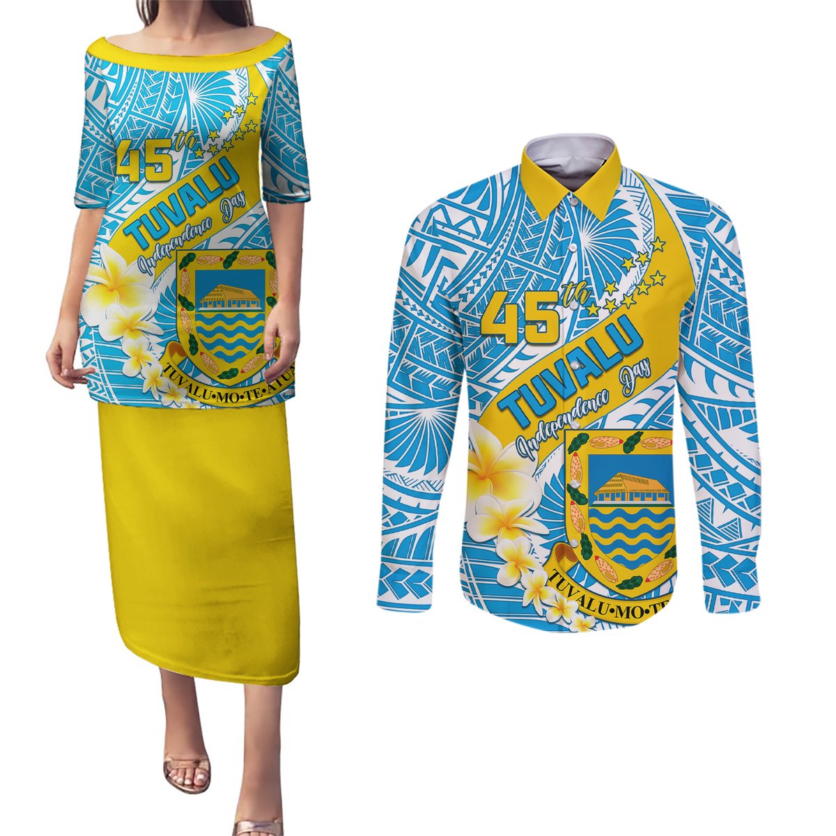 Personalised Tuvalu Independence Day Couples Matching Puletasi Dress and Long Sleeve Button Shirts Plumeria 45th Anniversary LT01 Blue - Polynesian Pride