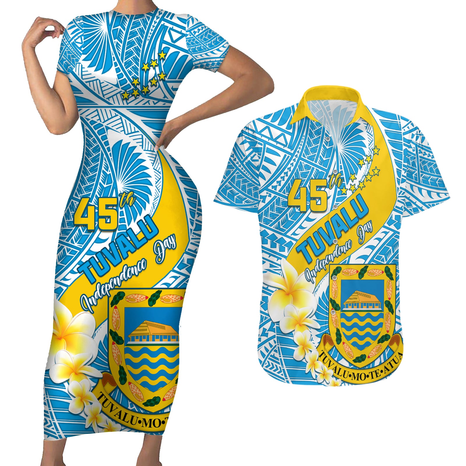 Personalised Tuvalu Independence Day Couples Matching Short Sleeve Bodycon Dress and Hawaiian Shirt Plumeria 45th Anniversary LT01 Blue - Polynesian Pride