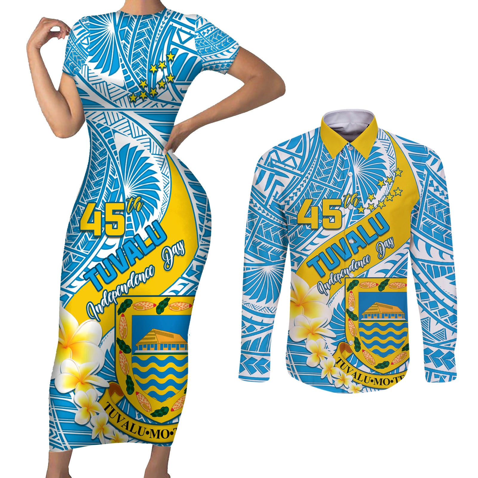 Personalised Tuvalu Independence Day Couples Matching Short Sleeve Bodycon Dress and Long Sleeve Button Shirts Plumeria 45th Anniversary LT01 Blue - Polynesian Pride