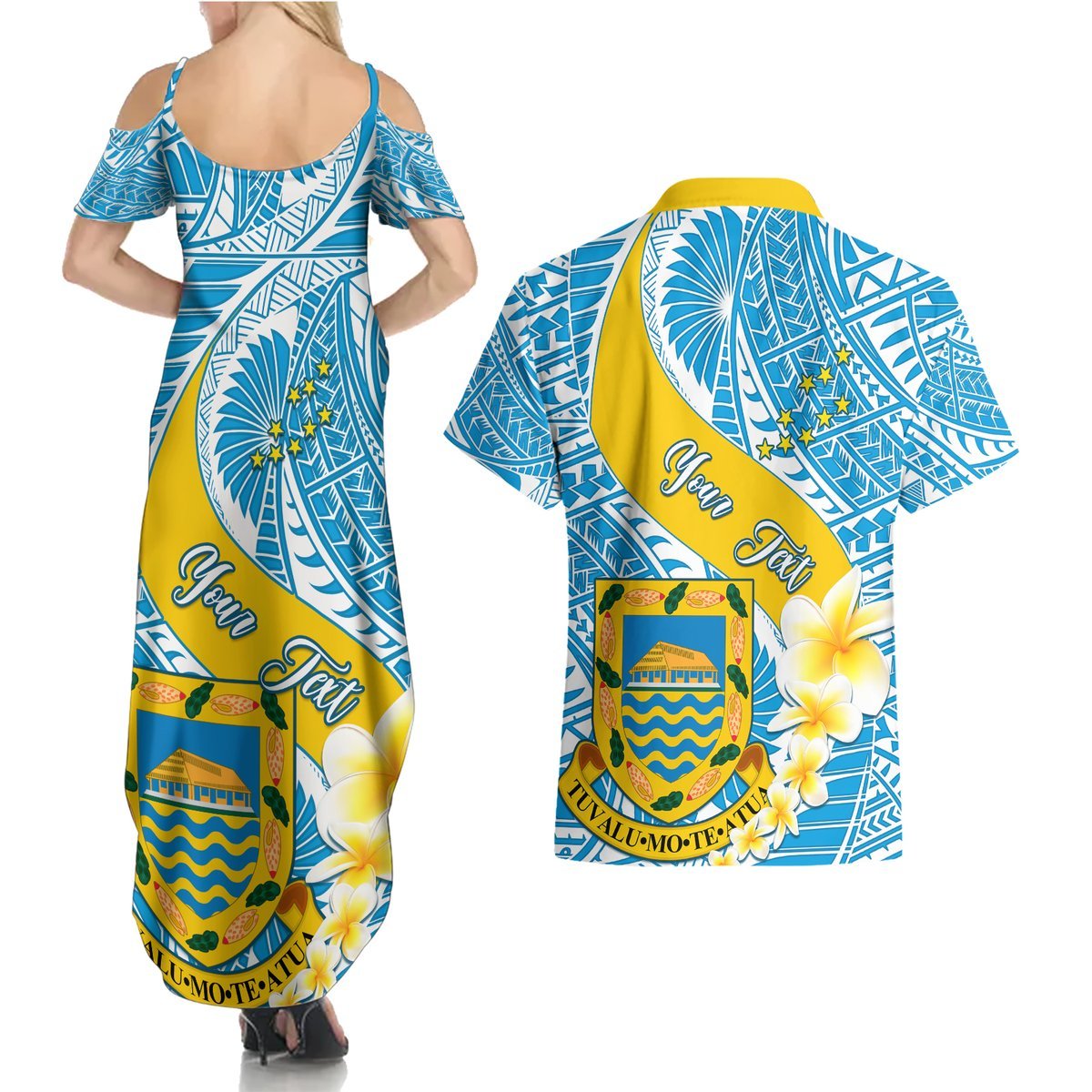 Personalised Tuvalu Independence Day Couples Matching Summer Maxi Dress and Hawaiian Shirt Plumeria 45th Anniversary LT01 - Polynesian Pride