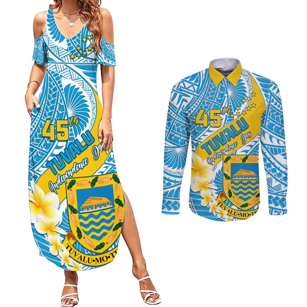 Personalised Tuvalu Independence Day Couples Matching Summer Maxi Dress and Long Sleeve Button Shirts Plumeria 45th Anniversary LT01 Blue - Polynesian Pride