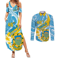 Personalised Tuvalu Independence Day Couples Matching Summer Maxi Dress and Long Sleeve Button Shirts Plumeria 45th Anniversary LT01 Blue - Polynesian Pride