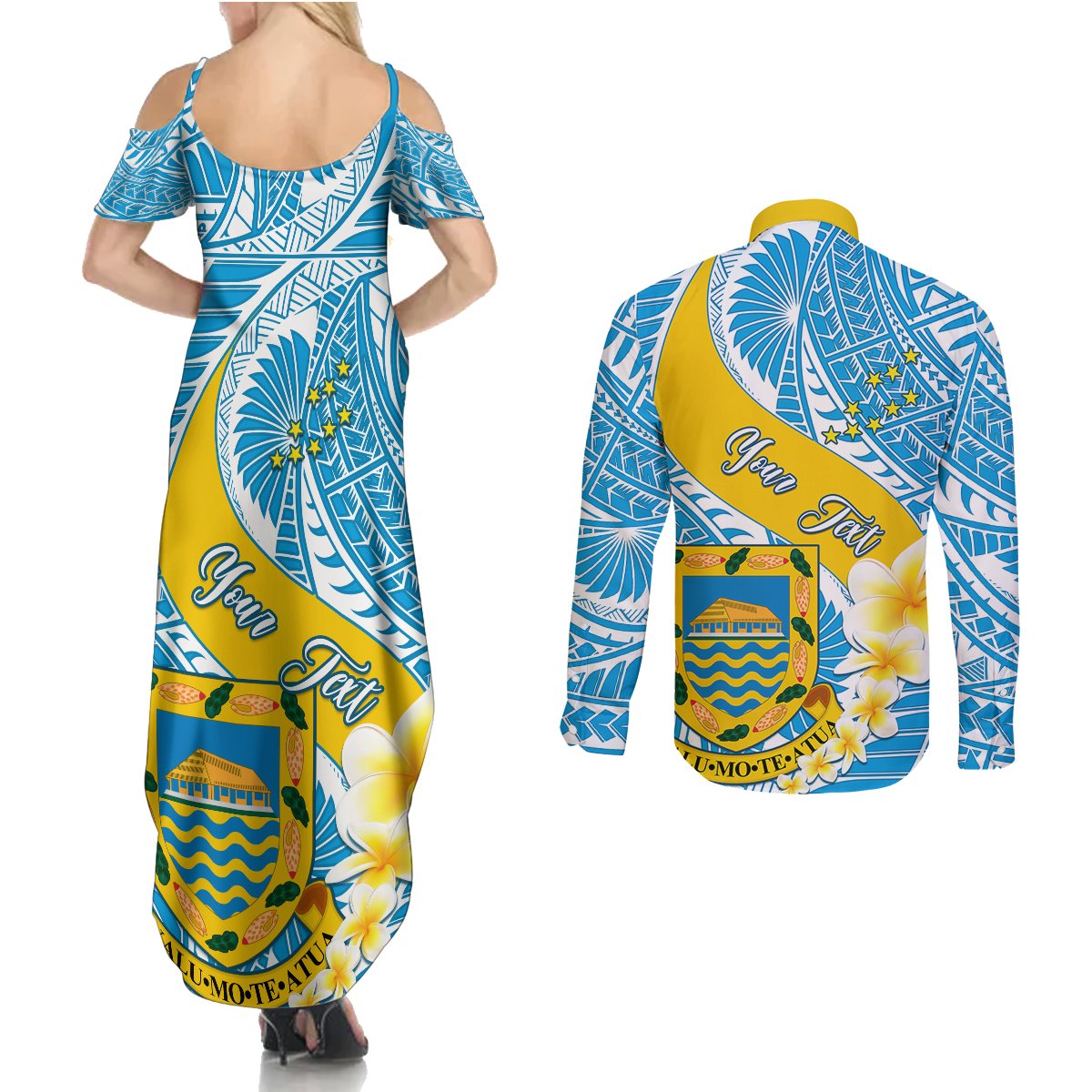 Personalised Tuvalu Independence Day Couples Matching Summer Maxi Dress and Long Sleeve Button Shirts Plumeria 45th Anniversary LT01 - Polynesian Pride