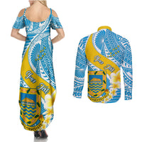 Personalised Tuvalu Independence Day Couples Matching Summer Maxi Dress and Long Sleeve Button Shirts Plumeria 45th Anniversary LT01 - Polynesian Pride