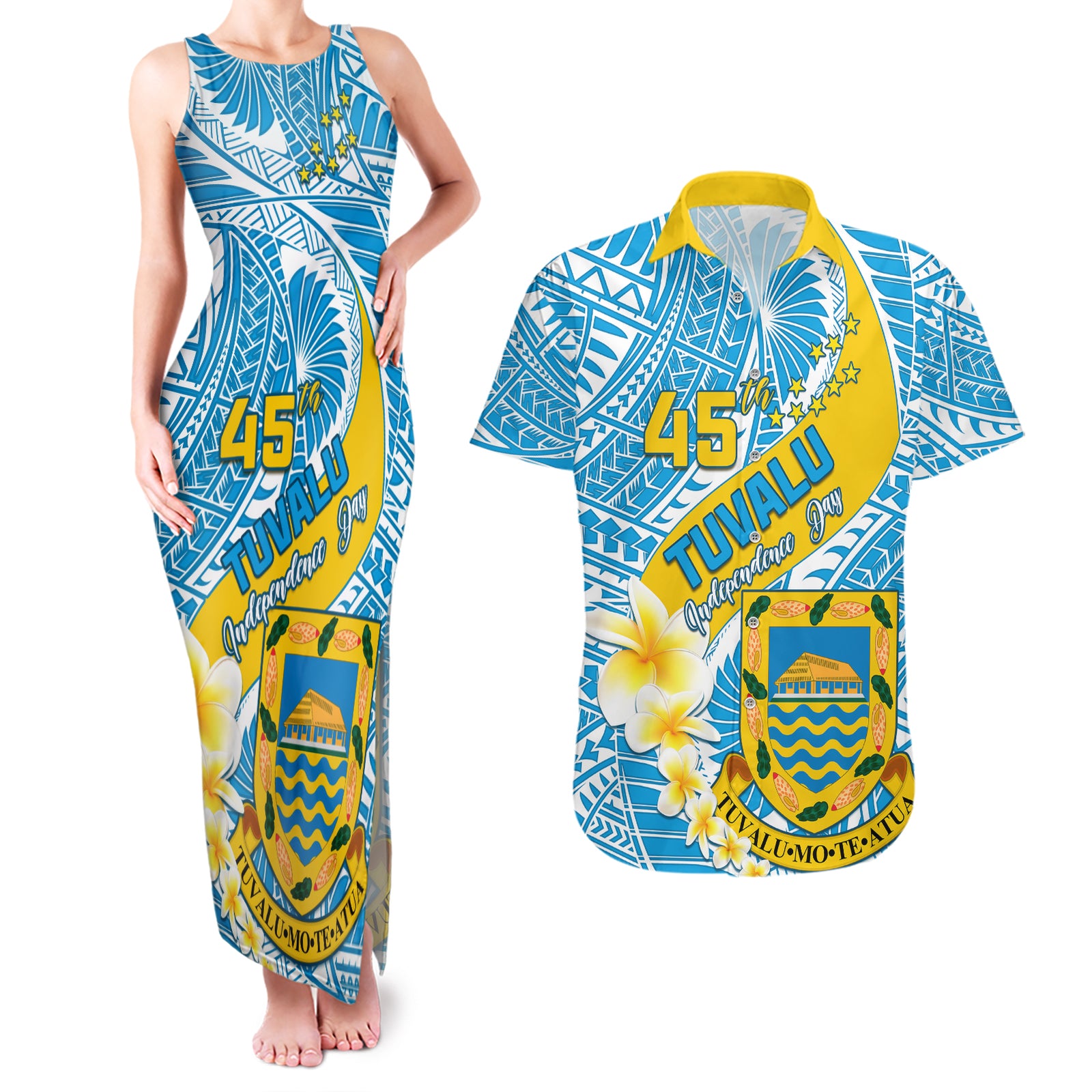 Personalised Tuvalu Independence Day Couples Matching Tank Maxi Dress and Hawaiian Shirt Plumeria 45th Anniversary LT01 Blue - Polynesian Pride
