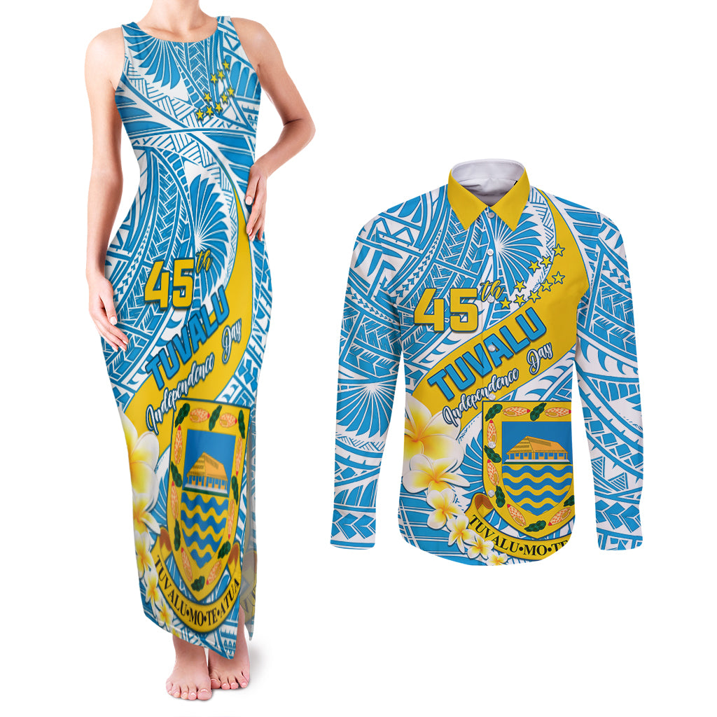 Personalised Tuvalu Independence Day Couples Matching Tank Maxi Dress and Long Sleeve Button Shirts Plumeria 45th Anniversary LT01 Blue - Polynesian Pride