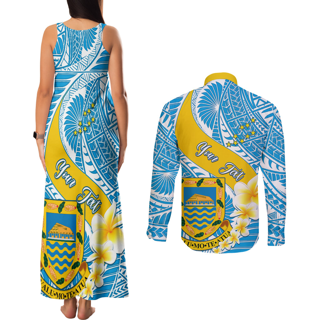 Personalised Tuvalu Independence Day Couples Matching Tank Maxi Dress and Long Sleeve Button Shirts Plumeria 45th Anniversary LT01 - Polynesian Pride
