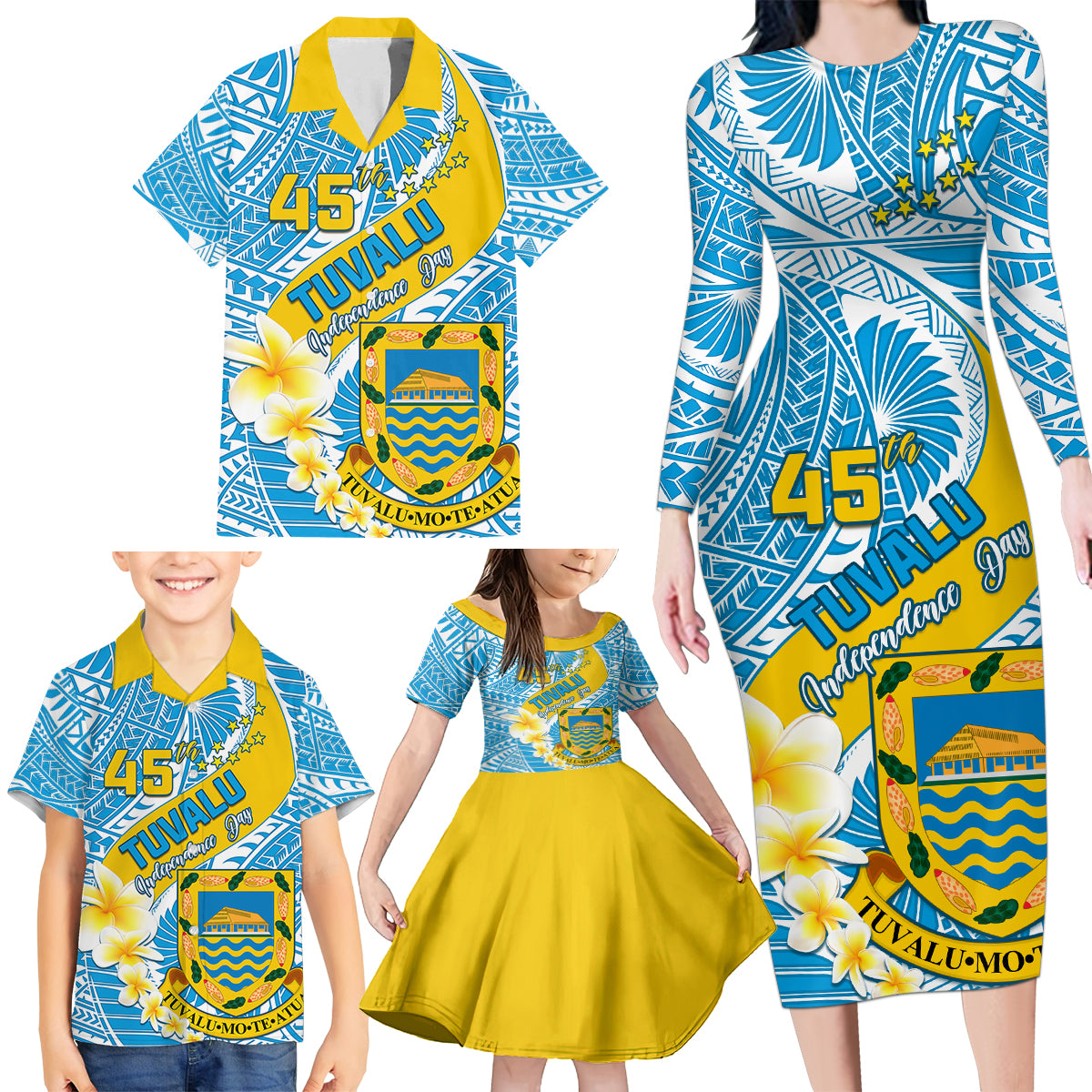 personalised-tuvalu-independence-day-family-matching-long-sleeve-bodycon-dress-and-hawaiian-shirt-plumeria-45th-anniversary