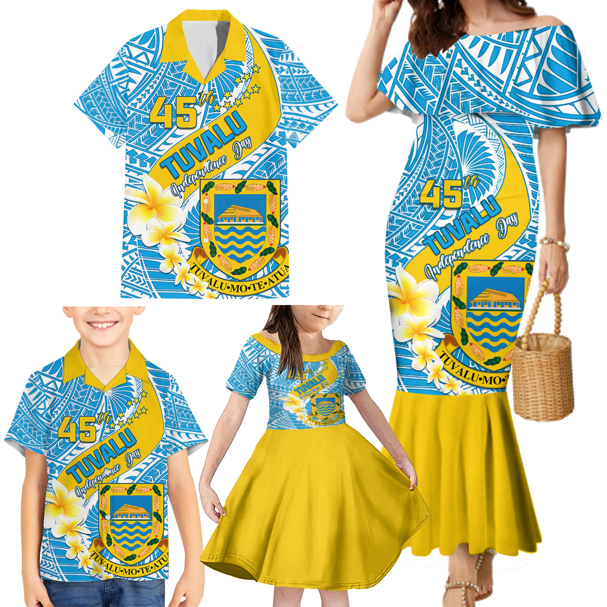 personalised-tuvalu-independence-day-family-matching-mermaid-dress-and-hawaiian-shirt-plumeria-45th-anniversary