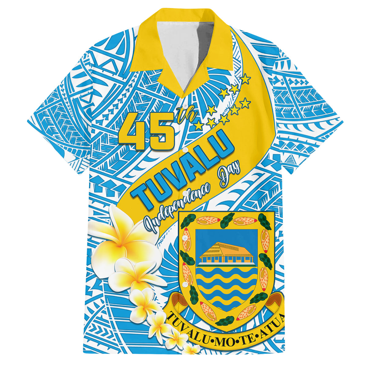 personalised-tuvalu-independence-day-family-matching-off-shoulder-short-dress-and-hawaiian-shirt-plumeria-45th-anniversary