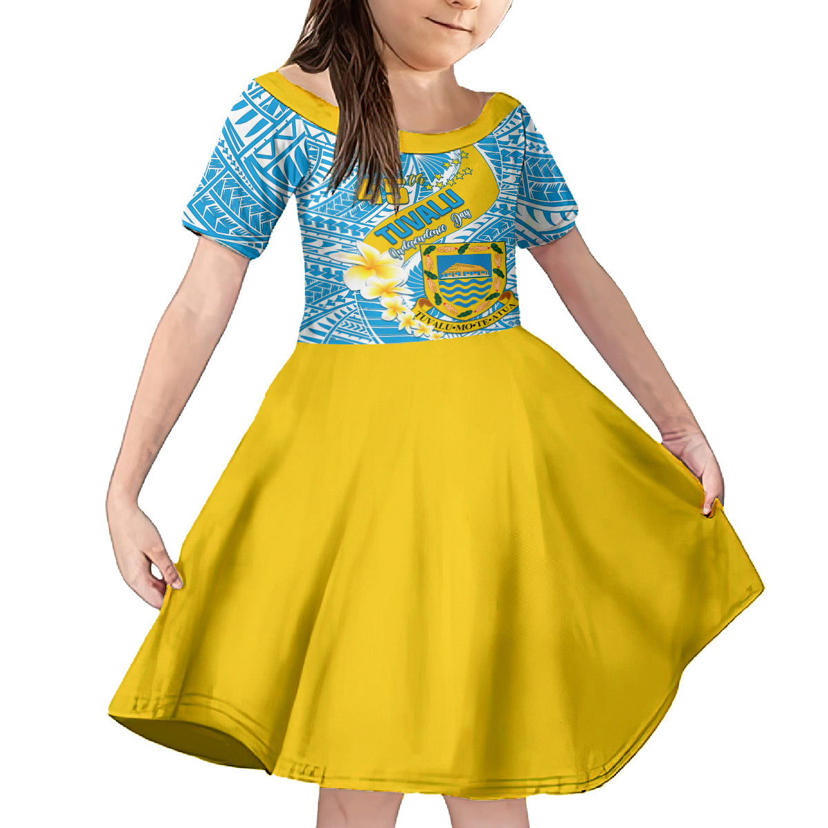 Personalised Tuvalu Independence Day Family Matching Puletasi Dress and Hawaiian Shirt Plumeria 45th Anniversary LT01 Daughter's Dress Blue - Polynesian Pride