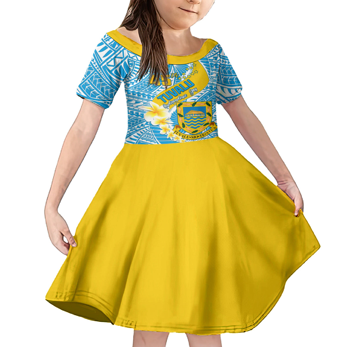 Personalised Tuvalu Independence Day Kid Short Sleeve Dress Plumeria 45th Anniversary LT01 KID Blue - Polynesian Pride