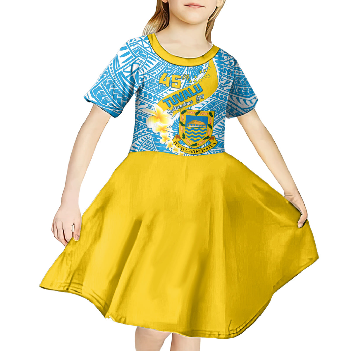 Personalised Tuvalu Independence Day Kid Short Sleeve Dress Plumeria 45th Anniversary LT01 - Polynesian Pride