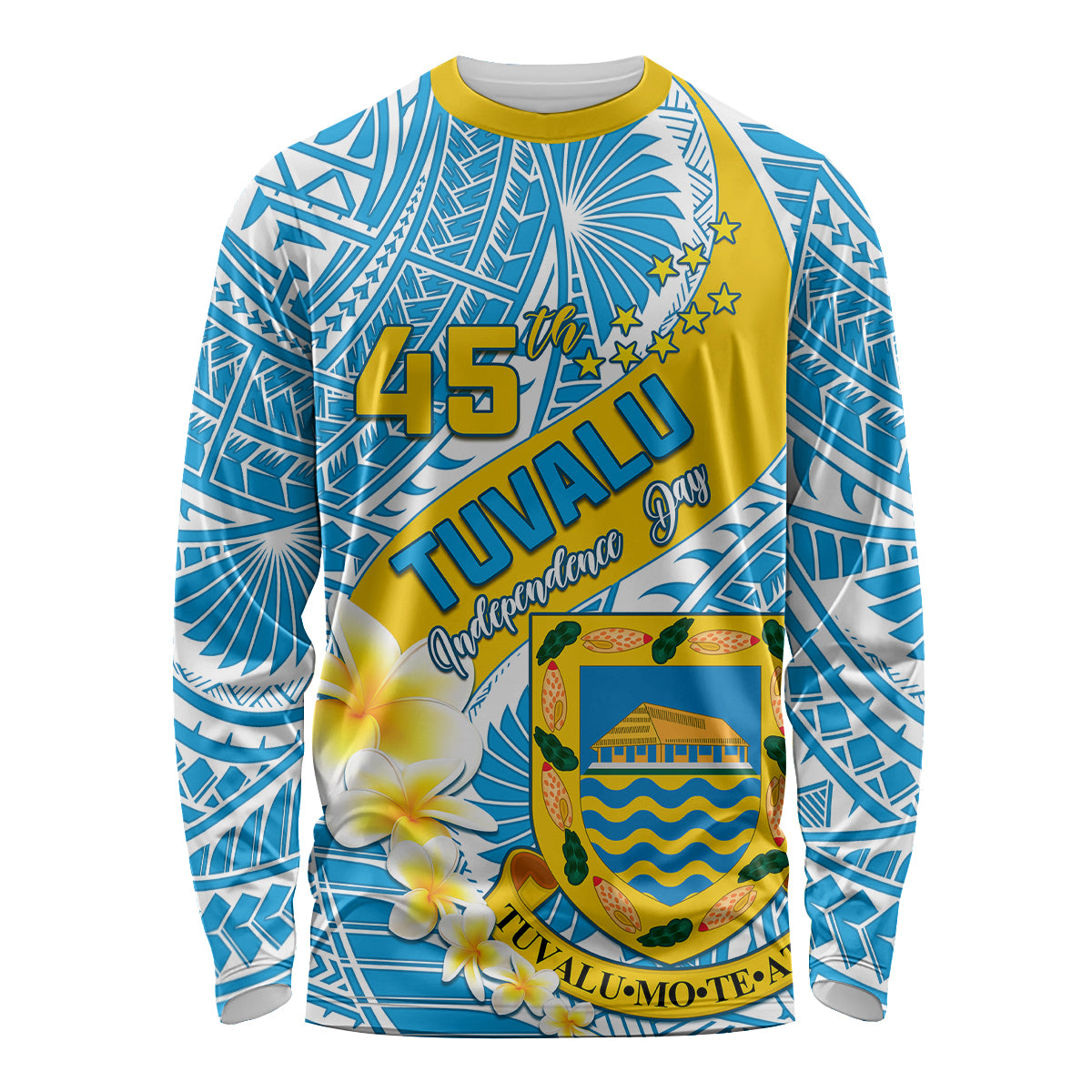 Personalised Tuvalu Independence Day Long Sleeve Shirt Plumeria 45th Anniversary LT01 Unisex Blue - Polynesian Pride