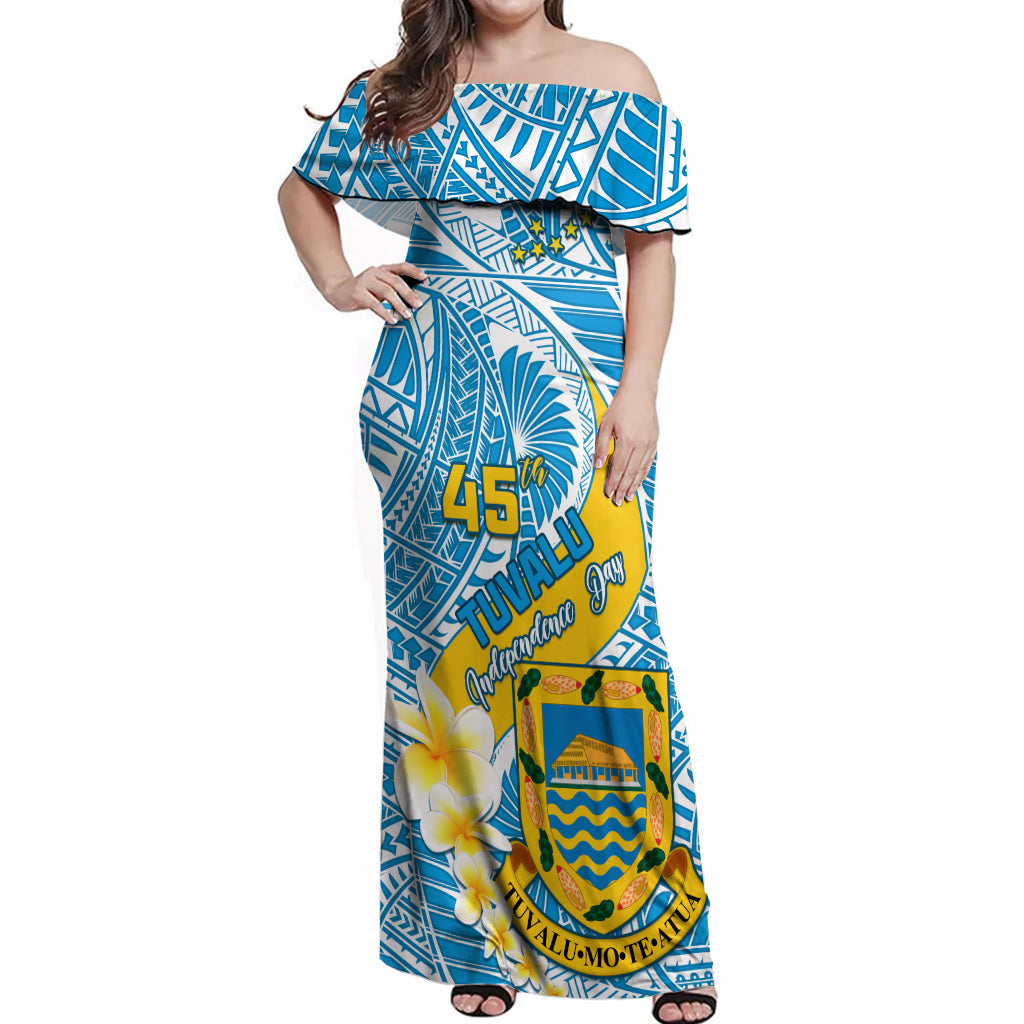 Personalised Tuvalu Independence Day Off Shoulder Maxi Dress Plumeria 45th Anniversary LT01 Women Blue - Polynesian Pride