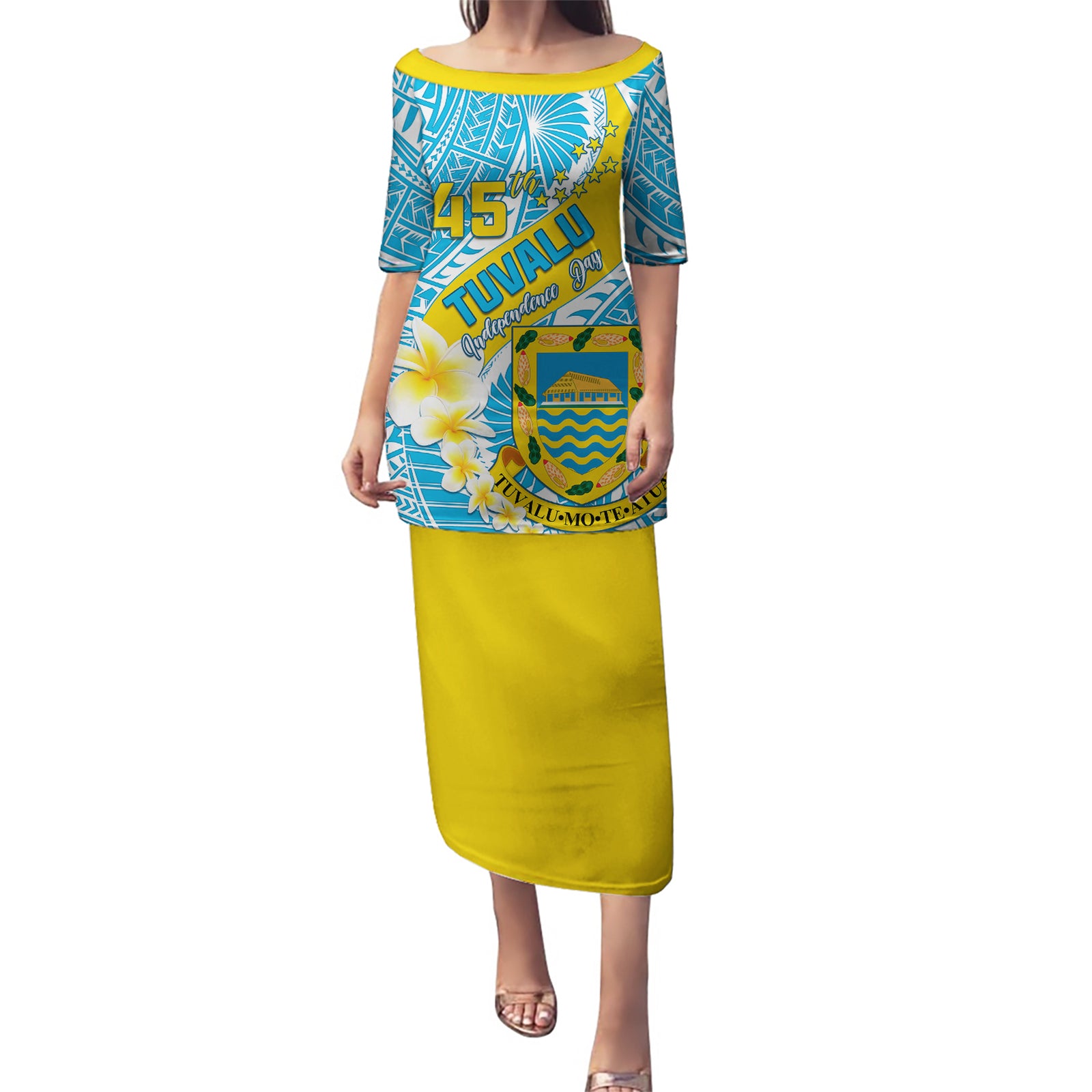 Personalised Tuvalu Independence Day Puletasi Plumeria 45th Anniversary LT01 Long Dress Blue - Polynesian Pride
