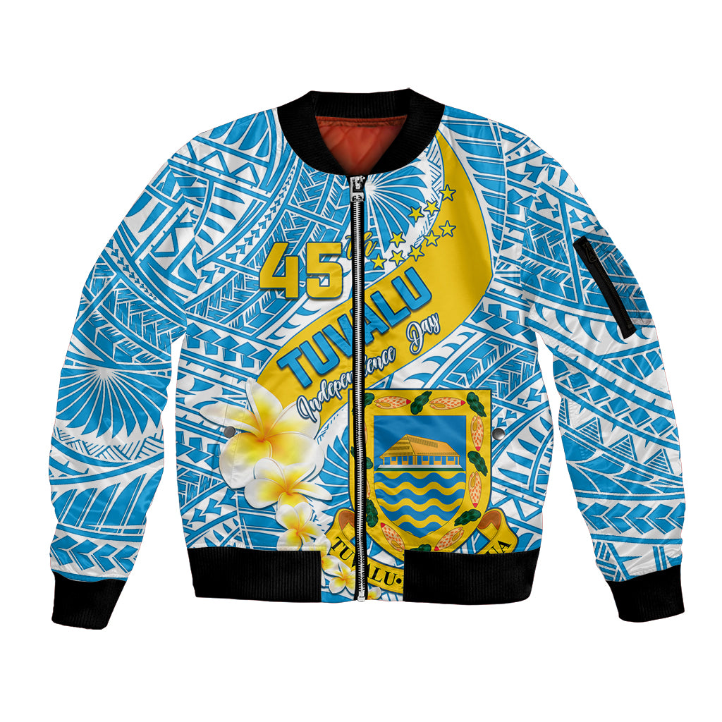 Personalised Tuvalu Independence Day Sleeve Zip Bomber Jacket Plumeria 45th Anniversary LT01 Unisex Blue - Polynesian Pride