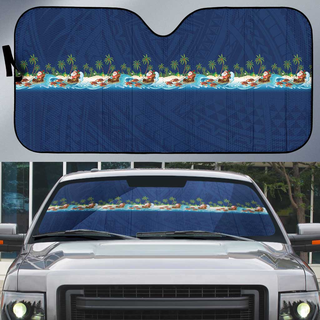 Hawaii Santa Riding Sea Turtle Auto Sun Shade Mele Kalikimaka Polynesian Pattern - Polynesian Pride