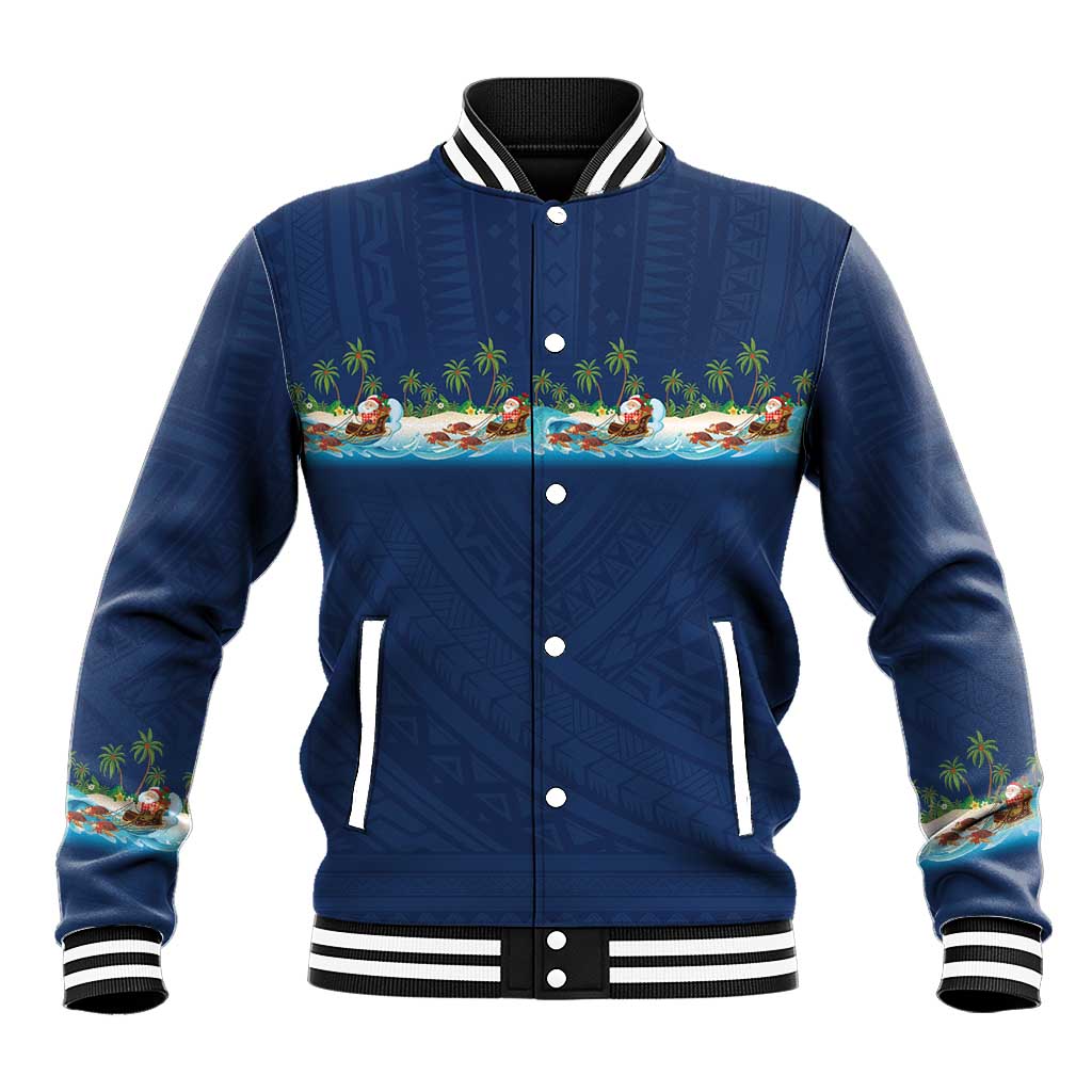 Hawaii Santa Riding Sea Turtle Baseball Jacket Mele Kalikimaka Polynesian Pattern LT01 Unisex Blue - Polynesian Pride