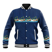 Hawaii Santa Riding Sea Turtle Baseball Jacket Mele Kalikimaka Polynesian Pattern LT01 Unisex Blue - Polynesian Pride