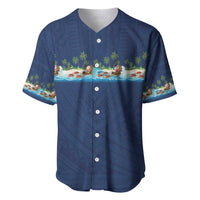 Hawaii Santa Riding Sea Turtle Baseball Jersey Mele Kalikimaka Polynesian Pattern LT01 Blue - Polynesian Pride