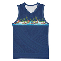 Hawaii Santa Riding Sea Turtle Basketball Jersey Mele Kalikimaka Polynesian Pattern LT01 Unisex Blue - Polynesian Pride