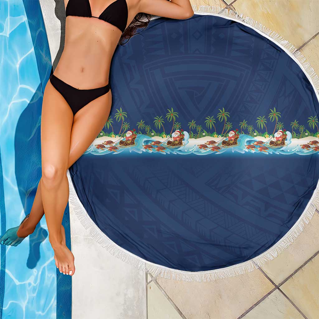 Hawaii Santa Riding Sea Turtle Beach Blanket Mele Kalikimaka Polynesian Pattern - Polynesian Pride