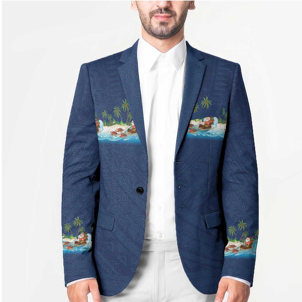 Hawaii Santa Riding Sea Turtle Blazer Mele Kalikimaka Polynesian Pattern - Polynesian Pride