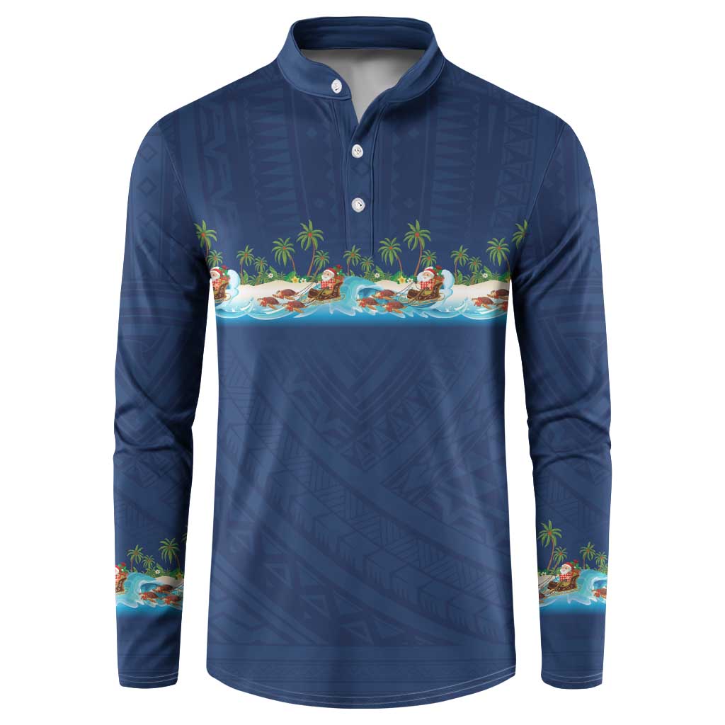 Hawaii Santa Riding Sea Turtle Button Sweatshirt Mele Kalikimaka Polynesian Pattern LT01 Blue - Polynesian Pride