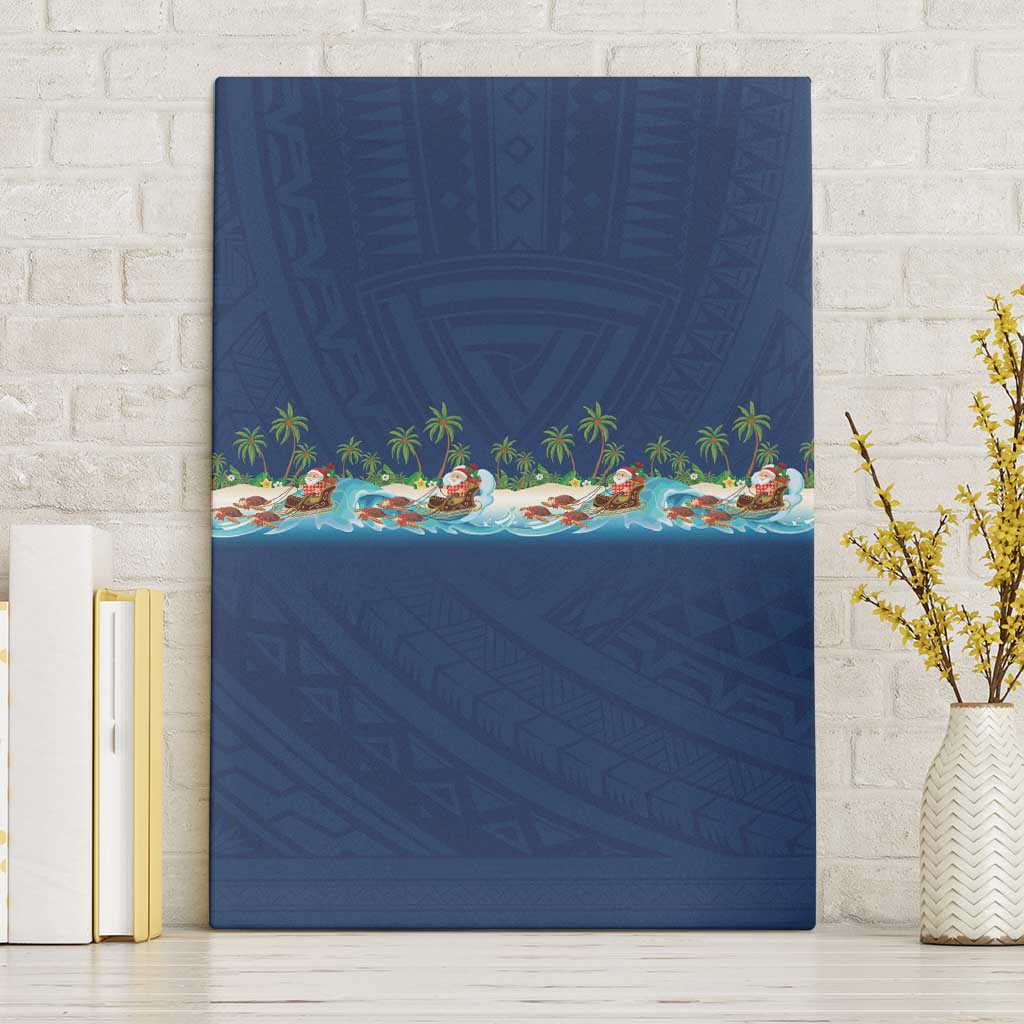 Hawaii Santa Riding Sea Turtle Canvas Wall Art Mele Kalikimaka Polynesian Pattern LT01 Without Frame Blue - Polynesian Pride