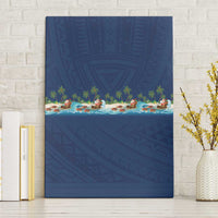 Hawaii Santa Riding Sea Turtle Canvas Wall Art Mele Kalikimaka Polynesian Pattern LT01 Without Frame Blue - Polynesian Pride