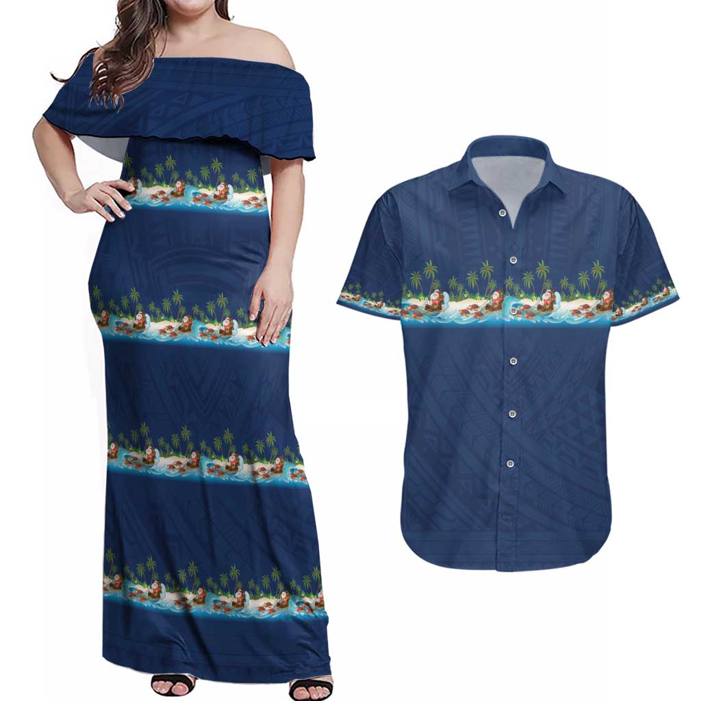 Hawaii Santa Riding Sea Turtle Couples Matching Off Shoulder Maxi Dress and Hawaiian Shirt Mele Kalikimaka Polynesian Pattern - Polynesian Pride