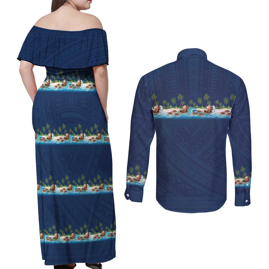 Hawaii Santa Riding Sea Turtle Couples Matching Off Shoulder Maxi Dress and Long Sleeve Button Shirt Mele Kalikimaka Polynesian Pattern - Polynesian Pride