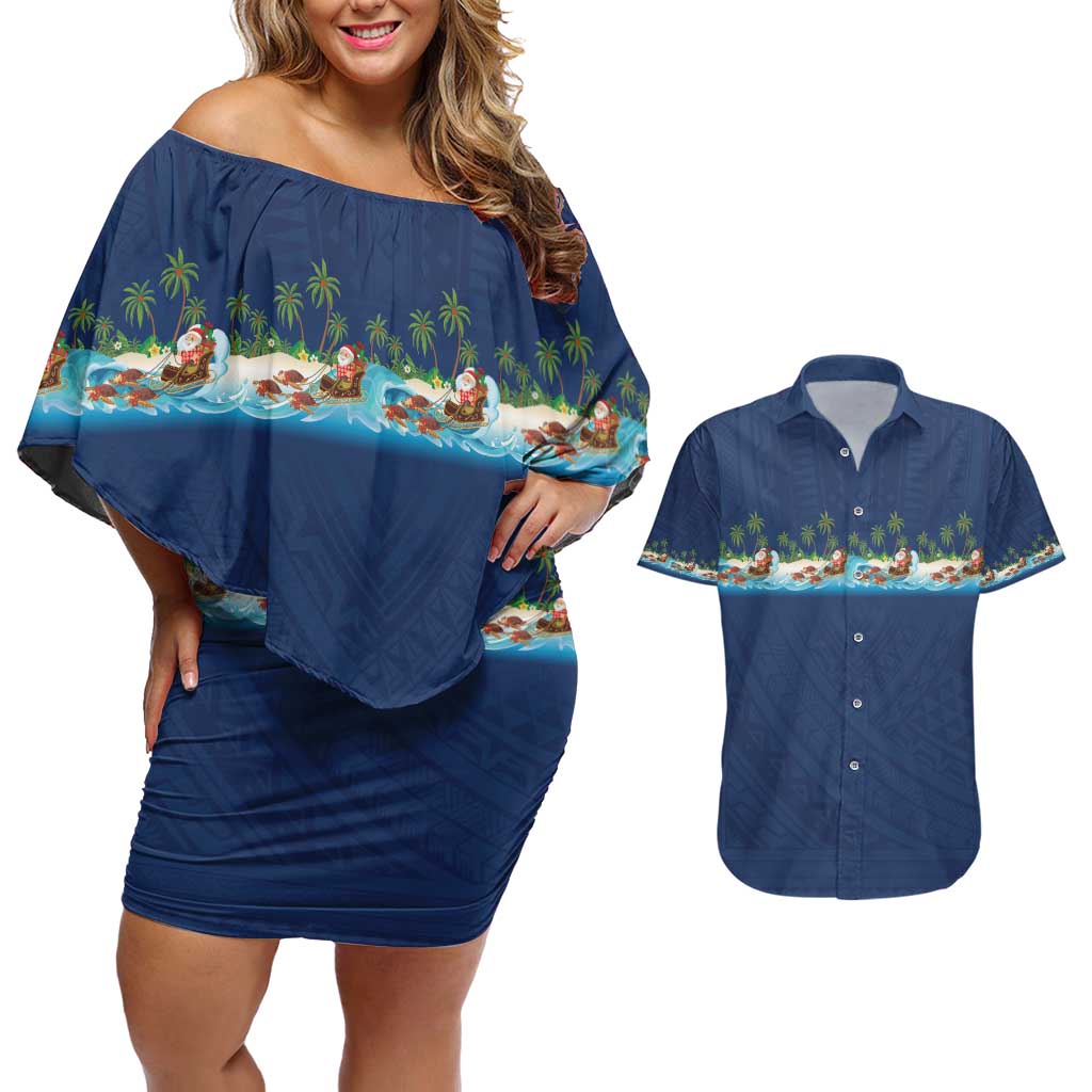 Hawaii Santa Riding Sea Turtle Couples Matching Off Shoulder Short Dress and Hawaiian Shirt Mele Kalikimaka Polynesian Pattern - Polynesian Pride