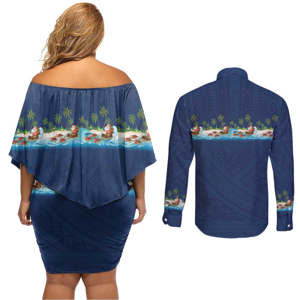 Hawaii Santa Riding Sea Turtle Couples Matching Off Shoulder Short Dress and Long Sleeve Button Shirt Mele Kalikimaka Polynesian Pattern - Polynesian Pride