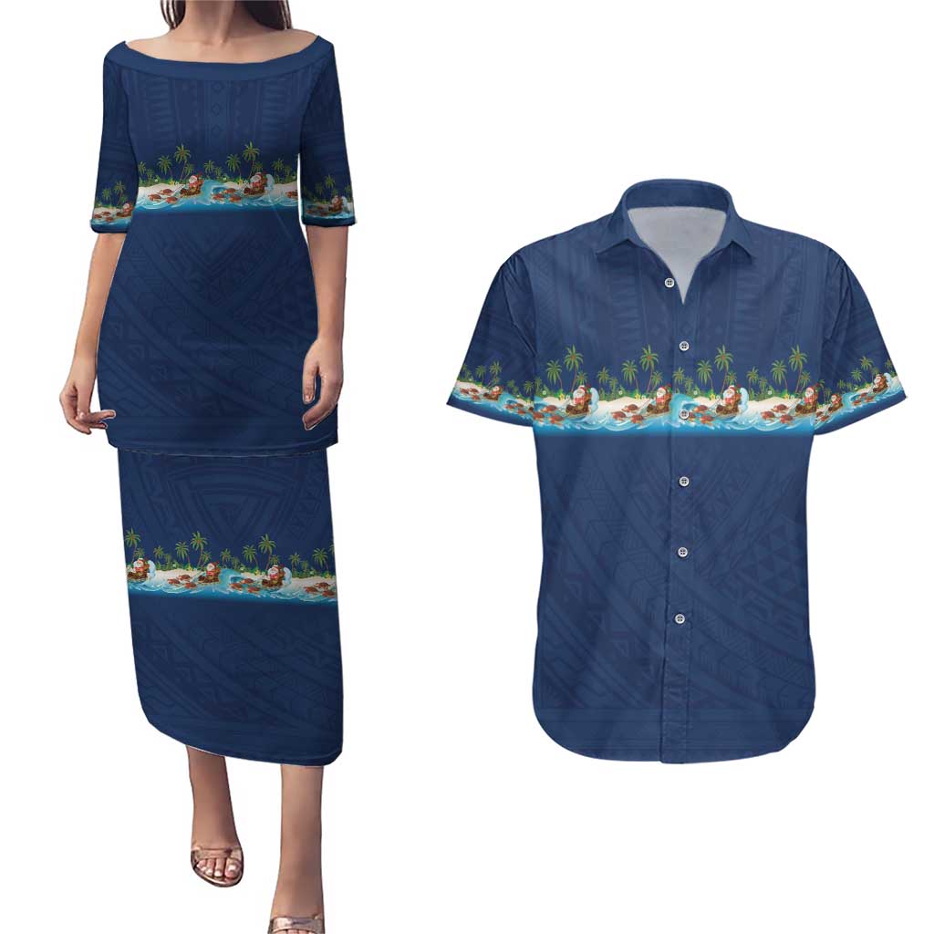 Hawaii Santa Riding Sea Turtle Couples Matching Puletasi and Hawaiian Shirt Mele Kalikimaka Polynesian Pattern LT01 Blue - Polynesian Pride