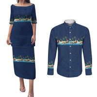 Hawaii Santa Riding Sea Turtle Couples Matching Puletasi and Long Sleeve Button Shirt Mele Kalikimaka Polynesian Pattern LT01 Blue - Polynesian Pride