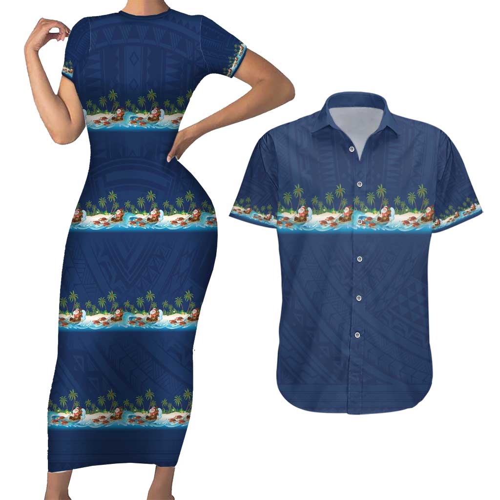 Hawaii Santa Riding Sea Turtle Couples Matching Short Sleeve Bodycon Dress and Hawaiian Shirt Mele Kalikimaka Polynesian Pattern - Polynesian Pride