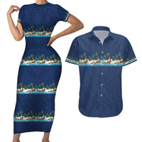 Hawaii Santa Riding Sea Turtle Couples Matching Short Sleeve Bodycon Dress and Hawaiian Shirt Mele Kalikimaka Polynesian Pattern - Polynesian Pride