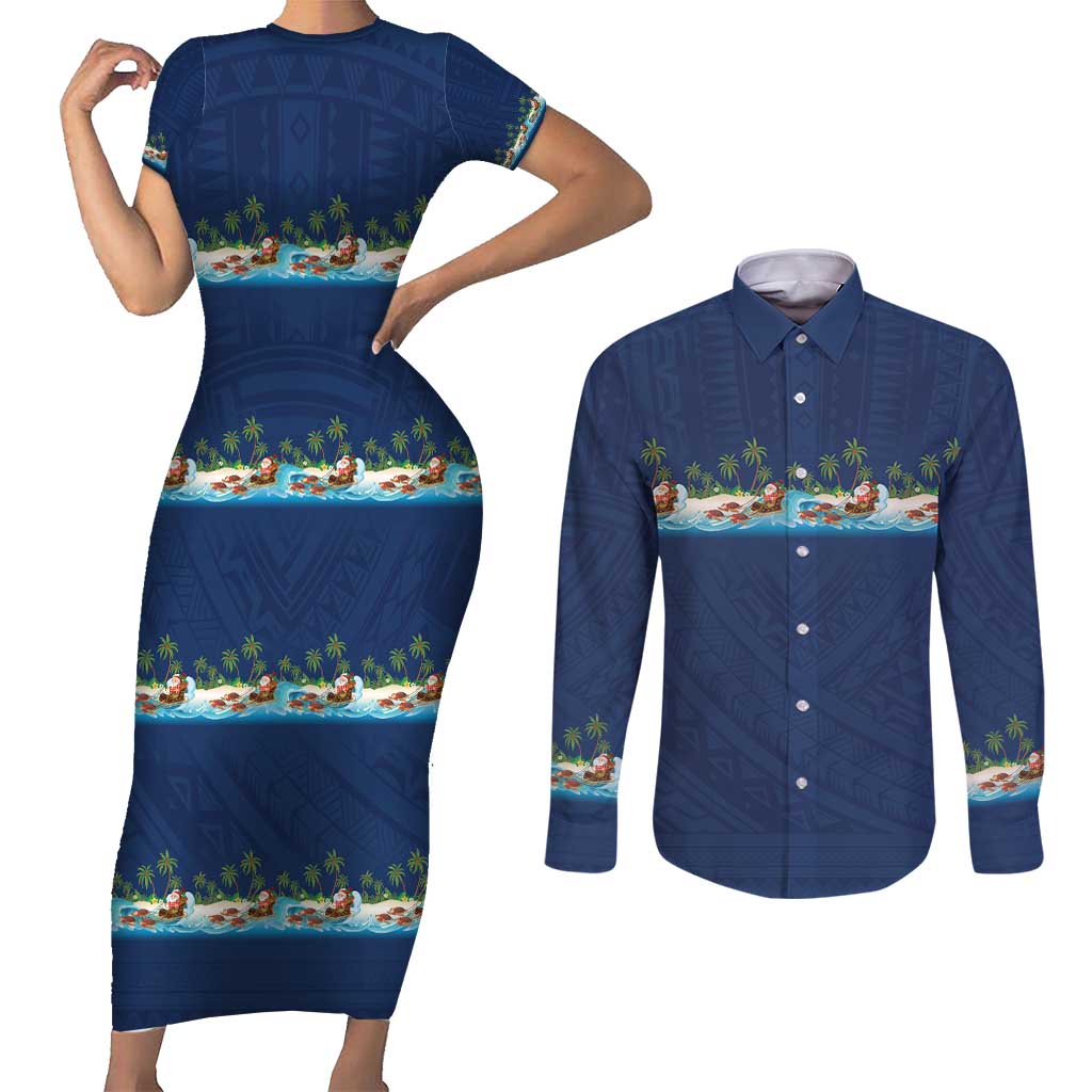 Hawaii Santa Riding Sea Turtle Couples Matching Short Sleeve Bodycon Dress and Long Sleeve Button Shirt Mele Kalikimaka Polynesian Pattern - Polynesian Pride