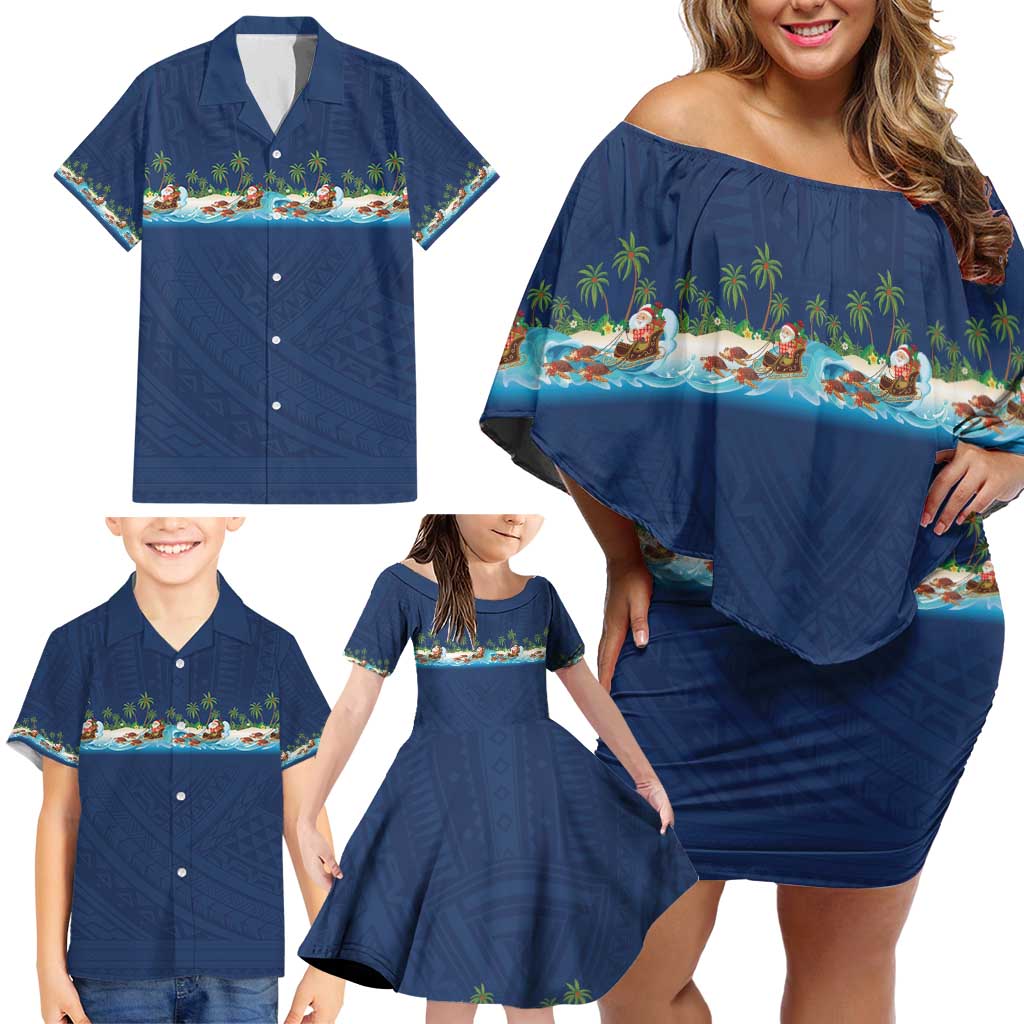 Hawaii Santa Riding Sea Turtle Family Matching Off Shoulder Short Dress and Hawaiian Shirt Mele Kalikimaka Polynesian Pattern - Polynesian Pride