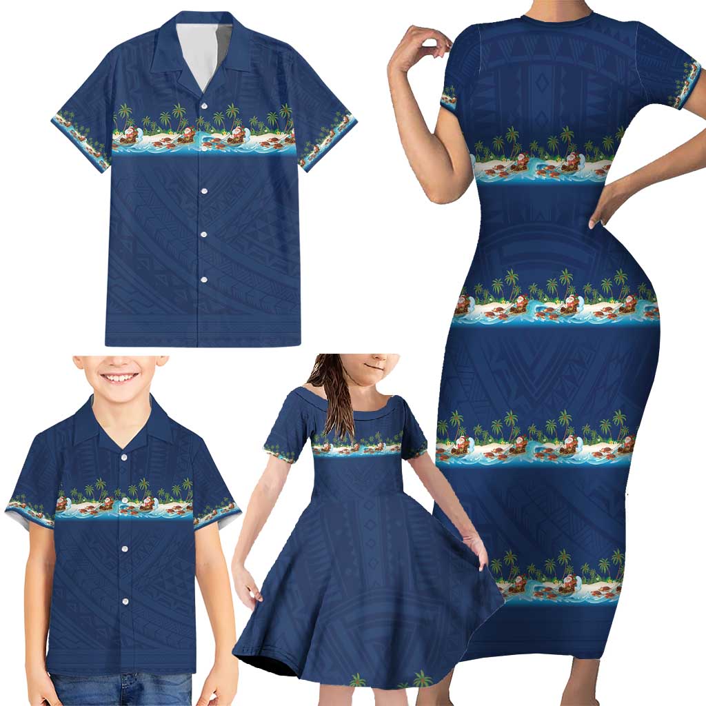 Hawaii Santa Riding Sea Turtle Family Matching Short Sleeve Bodycon Dress and Hawaiian Shirt Mele Kalikimaka Polynesian Pattern - Polynesian Pride