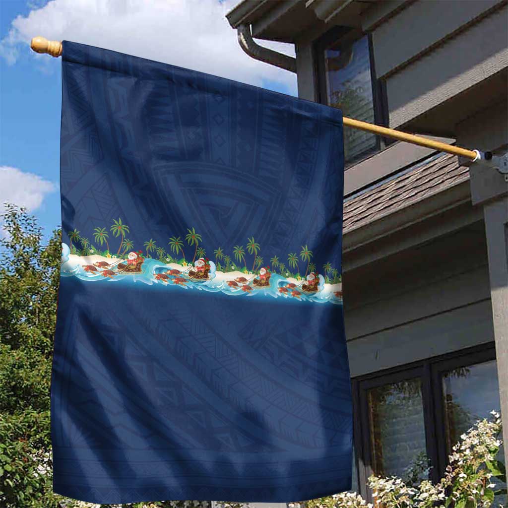 Hawaii Santa Riding Sea Turtle Garden Flag Mele Kalikimaka Polynesian Pattern - Polynesian Pride